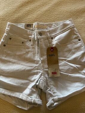 Levi's Light Blue & White Striped Mid-Length Denim Shorts